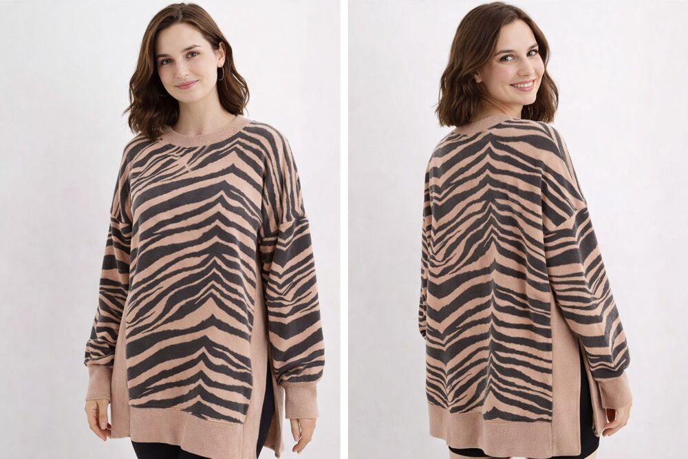 Aerie Zebra Print Terry Sweatshirt Neutral Gray Oversized Side Slit Casual Top M